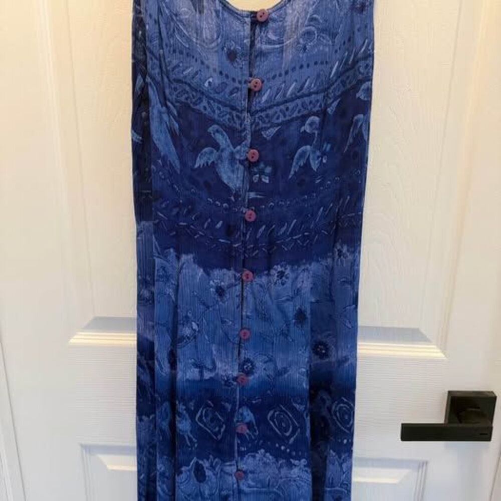Vintage Phool Blue Crinkle Rayon Maxi Dress - Medium